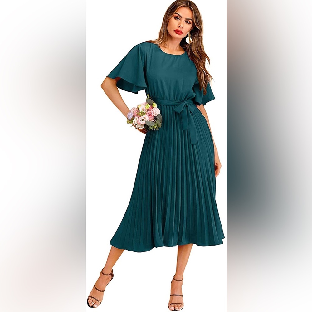 NWOT Milumia Womens Dresses Elegant Belted Pleated Flounce Sleeve Long Dress